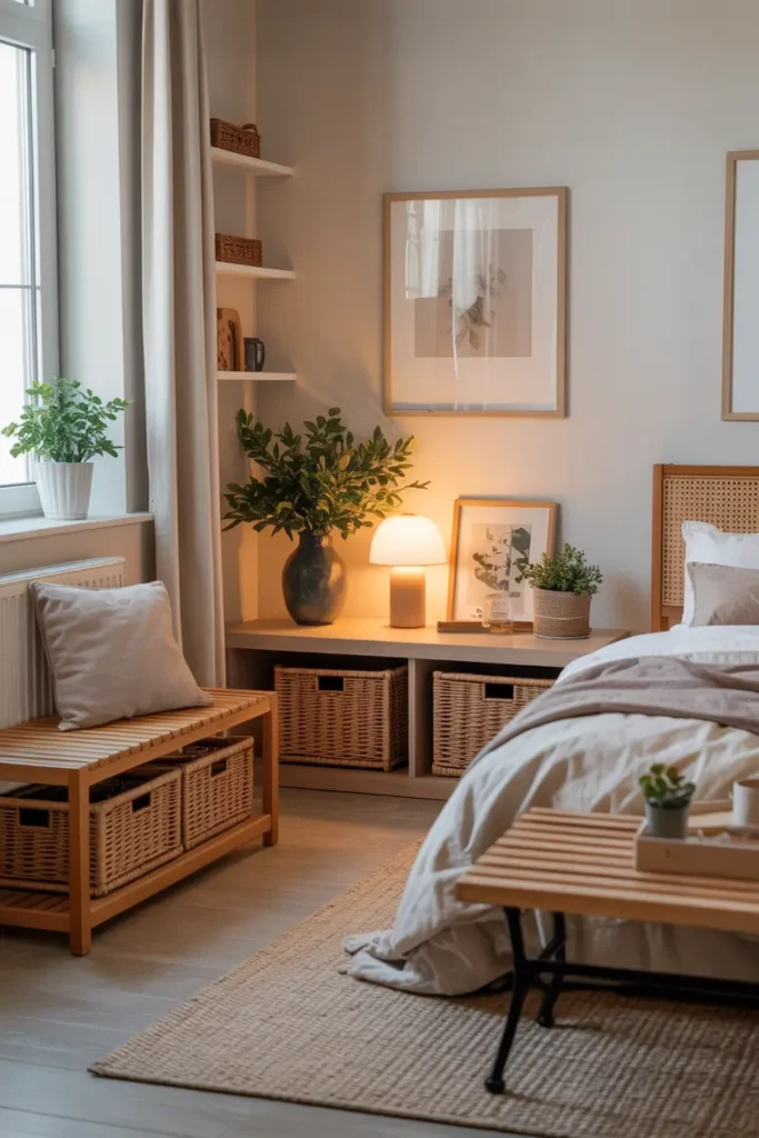 Cozy one room apartment featuring hidden storage solutions, storage bench near bed, woven baskets under console, neutral decor styling, soft natural daylight, clean uncluttered surfaces, warm textures, Scandinavian inspired interior design, realistic Pinterest photography highlighting organized calm atmosphere and airy spacious feeling.