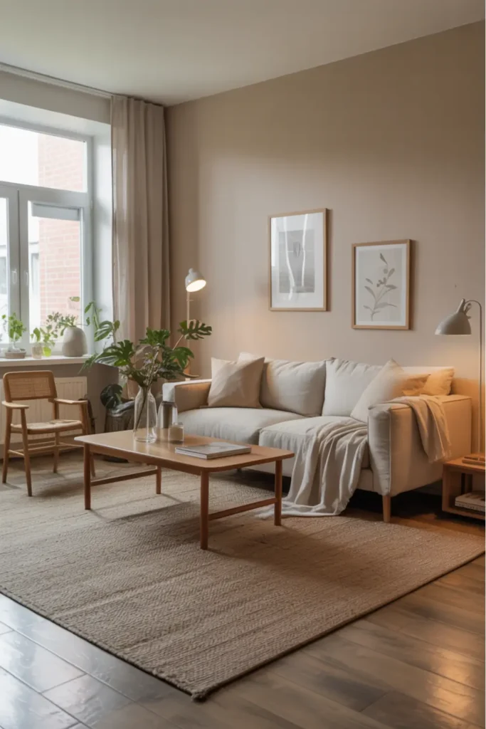 one room apartment with large neutral area rug anchoring sofa and coffee table, warm wood flooring, soft textiles, airy natural lighting, minimal decor styling, cozy balanced layout, Scandinavian aesthetic, gentle textures, inviting calm mood emphasizing open unified space and spacious visual harmony.