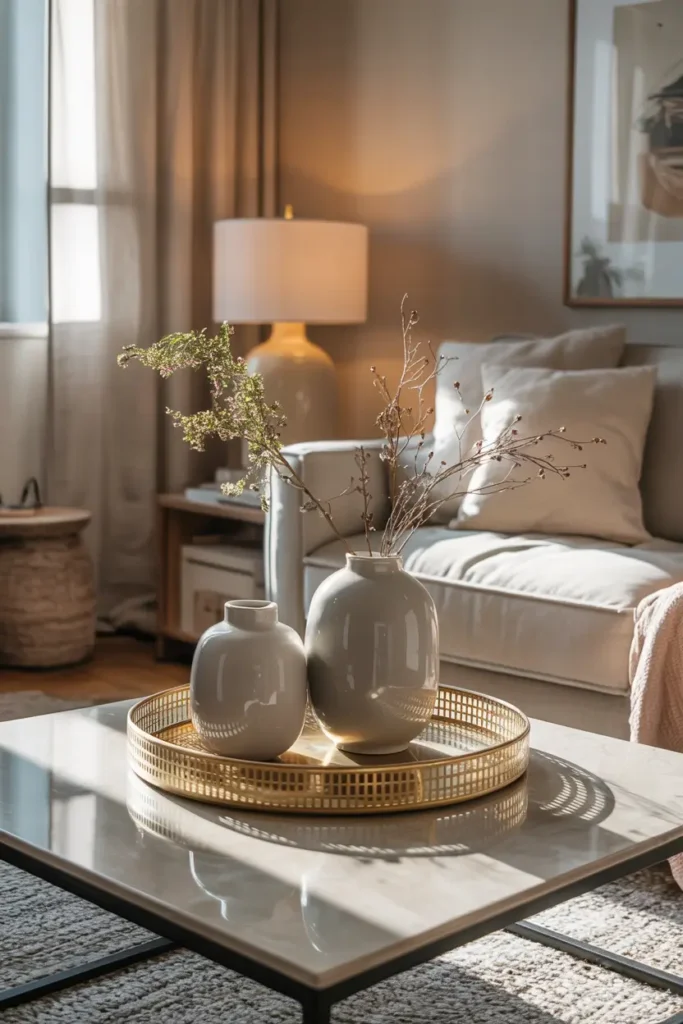 Cozy one room apartment styled with light reflecting decor accents, metallic tray on coffee table, glossy ceramic vases, soft sunlight bouncing across neutral furniture, warm beige palette, layered textures, minimal clutter, realistic Pinterest interior photography style showing gentle reflections, airy ambiance, inviting cozy mood with balanced modern styling.