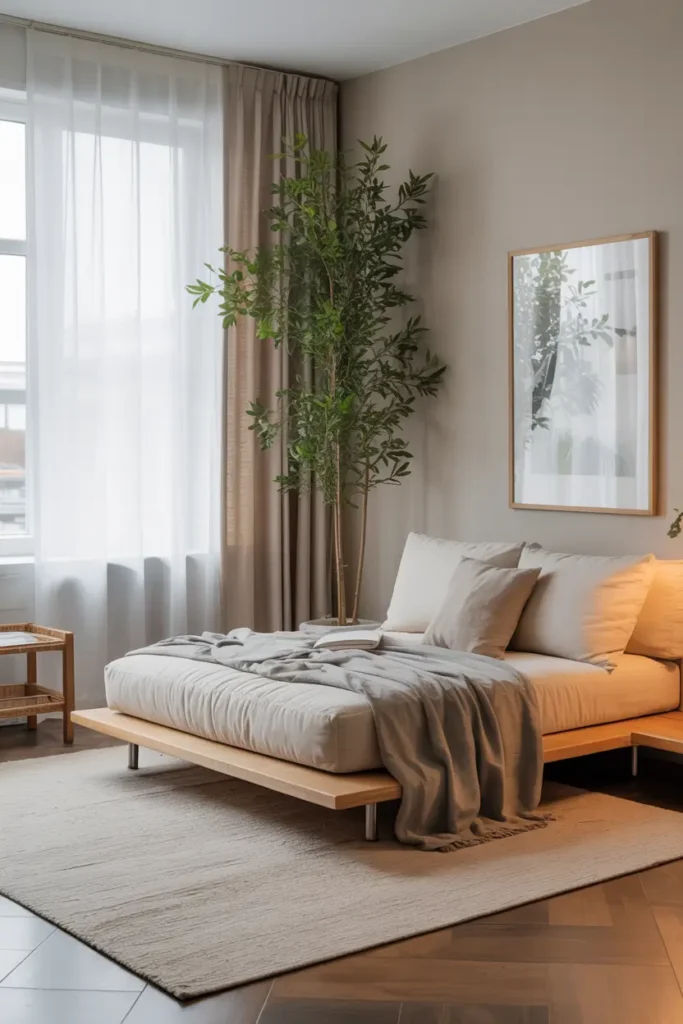 one room apartment featuring low profile sofa and platform bed, neutral color palette, warm wood flooring, tall indoor plant adding vertical balance, soft natural lighting through sheer curtains, minimalist cozy styling, Scandinavian aesthetic, realistic interior photography emphasizing open sightlines, calm spacious feeling and relaxed modern atmosphere.