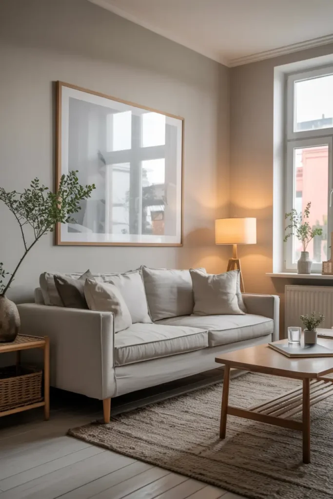 one room apartment with minimal wall decor, single large framed artwork above sofa, neutral color palette, airy layout, soft daylight entering window, cozy modern furniture, Scandinavian styling, realistic interior photography emphasizing negative wall space, calm atmosphere, balanced composition creating open peaceful environment.