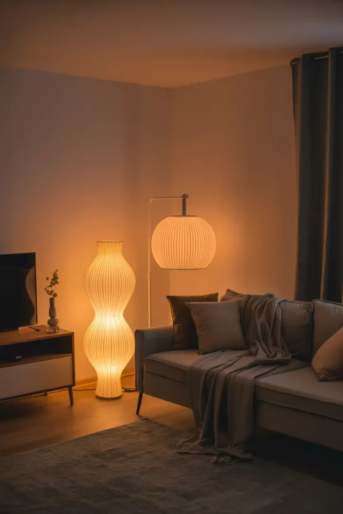 one room apartment with layered lighting setup including warm table lamp, slim floor lamp, soft ambient wall lighting, neutral sofa, textured rug, cozy throw blankets, warm evening glow, Scandinavian interior styling, realistic photography showing soft shadows, inviting atmosphere, balanced lighting distribution creating spacious cozy environment.