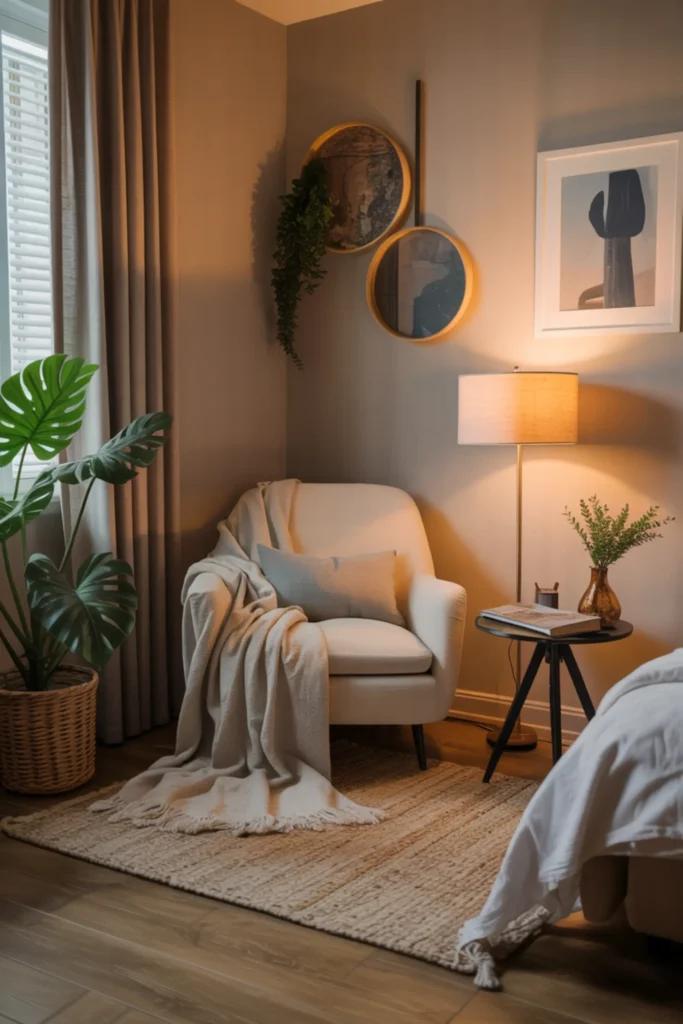 apartment reading nook with cozy accent chair, soft throw blanket, small side table, warm lamp lighting, neutral rug, calm feminine decor, evening cozy atmosphere, realistic apartment setting, layered textures and soft shadows creating peaceful relaxation corner inside modern one bedroom apartment