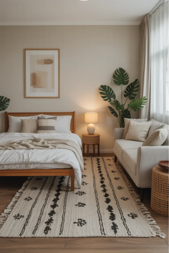 one bedroom apartment living space featuring soft textured area rug under compact sofa, warm neutral tones, layered cushions, wooden coffee table, natural daylight entering through large window, cozy apartment styling, balanced minimal decor, realistic textures, inviting feminine atmosphere, small space layout with clearly defined zones, soft shadows and warm home feeling