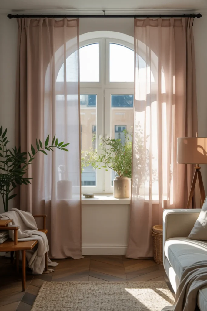 one bedroom apartment bedroom with airy sheer curtains flowing beside a bright window, warm sunlight filtering through fabric, soft neutral bedding, minimal wooden furniture, calm feminine styling, cozy apartment aesthetic, natural lighting creating gentle shadows, realistic textures, peaceful morning atmosphere, modern small apartment interior photography with inviting soft tones