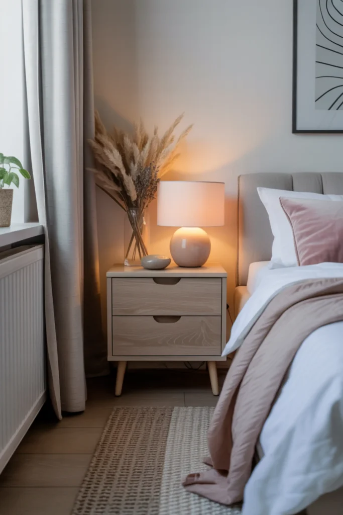 minimalist apartment interior with decluttered nightstand and clean surfaces, neutral decor accents, soft lighting, organized cozy environment, feminine styling, realistic small apartment photography, calm atmosphere with balanced composition and airy open feeling