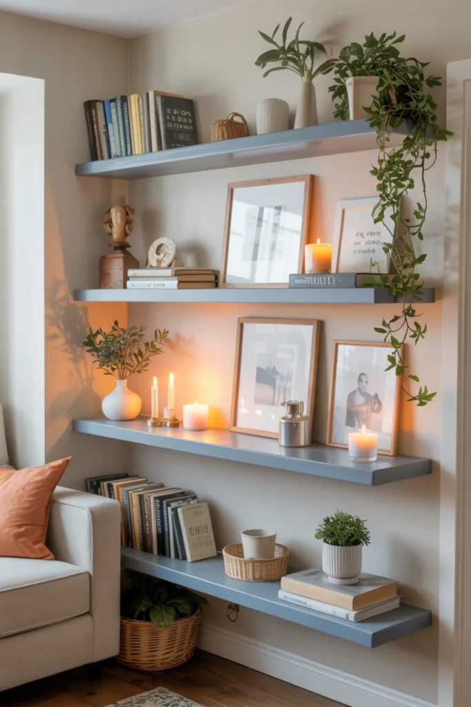 apartment wall with floating wooden shelves styled with books, small plants, candles, framed art, soft neutral wall color, warm natural lighting, cozy feminine interior design, realistic apartment decor scene, balanced minimal styling, modern small space organization, calm inviting mood with layered textures and lived-in warmth