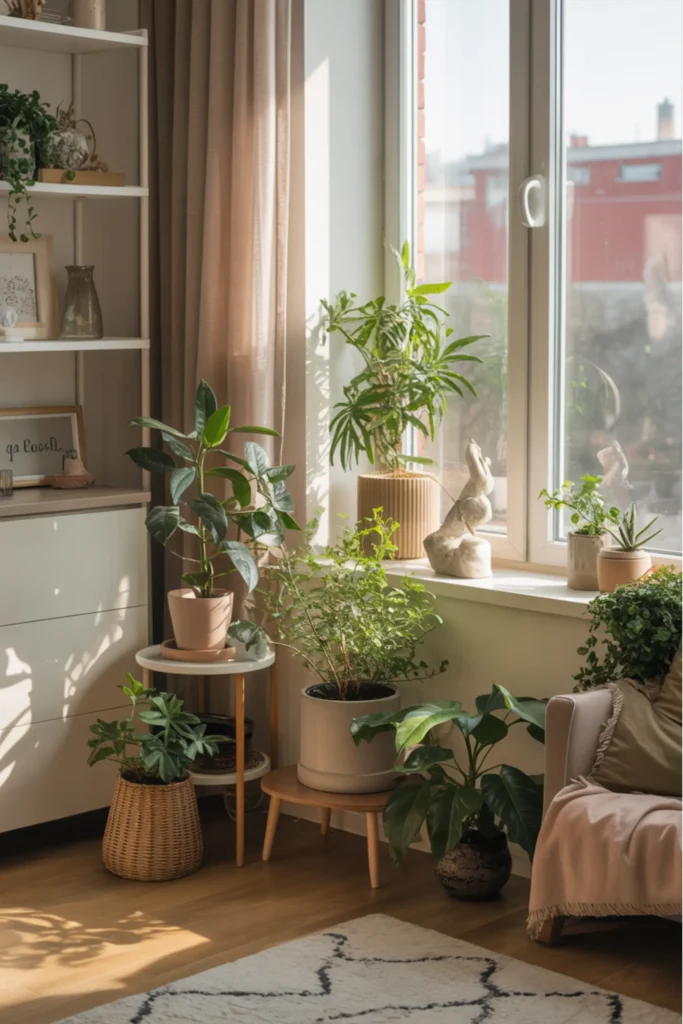 cozy apartment corner with indoor plants near sunlit window, small potted greenery on shelves and floor stands, neutral decor palette, soft textures, warm daylight illuminating leaves, feminine calm atmosphere, realistic apartment styling, airy modern interior with natural elements creating peaceful and inviting mood