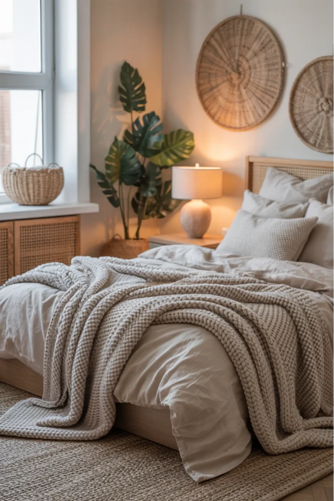 apartment bedroom showcasing layered textures including knit throws, linen bedding, woven basket decor, soft neutral tones, warm sunlight, cozy feminine aesthetic, realistic interior photography, detailed fabric textures, calm and inviting atmosphere, modern small apartment styling focused on comfort and warmth