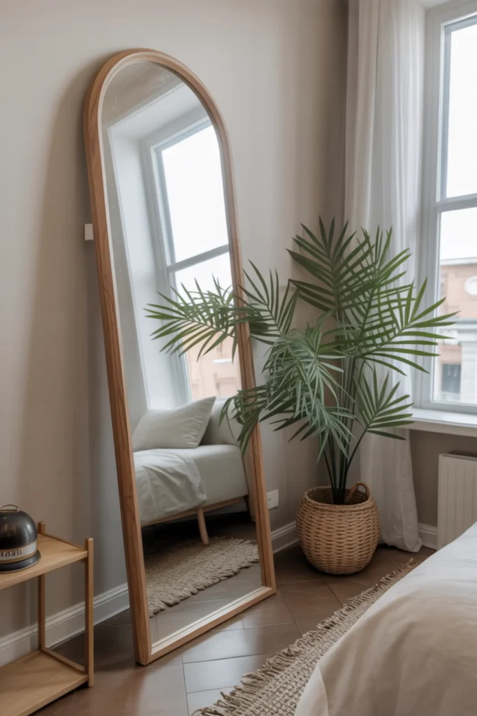 small apartment bedroom with tall leaning mirror reflecting sunlight from nearby window, light curtains gently moving, neutral rug, simple wooden bed frame, airy minimalist decor, cozy feminine styling, bright natural lighting, realistic apartment setting, soft textures and calm atmosphere, clean modern layout with spacious feeling created through reflective surfaces