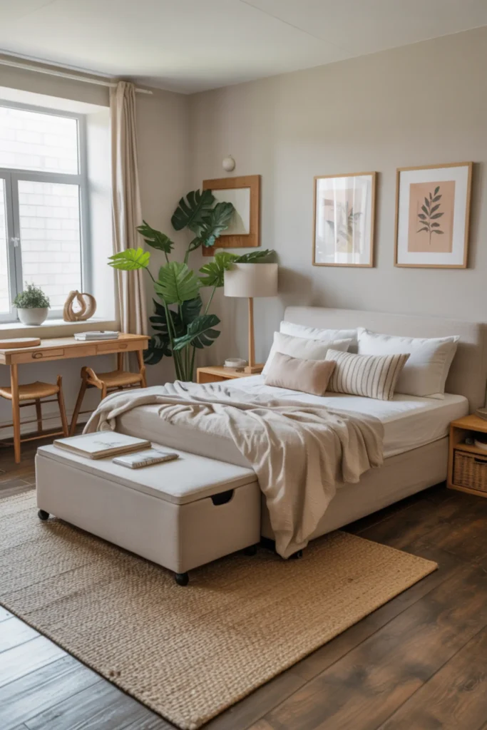 one bedroom apartment living area featuring storage ottoman used as coffee table, compact sofa, neutral palette, soft lighting, organized cozy environment, modern multifunctional furniture layout, warm apartment mood, small space optimization styling, natural daylight, soft textures and balanced feminine aesthetic creating comfortable everyday living scene