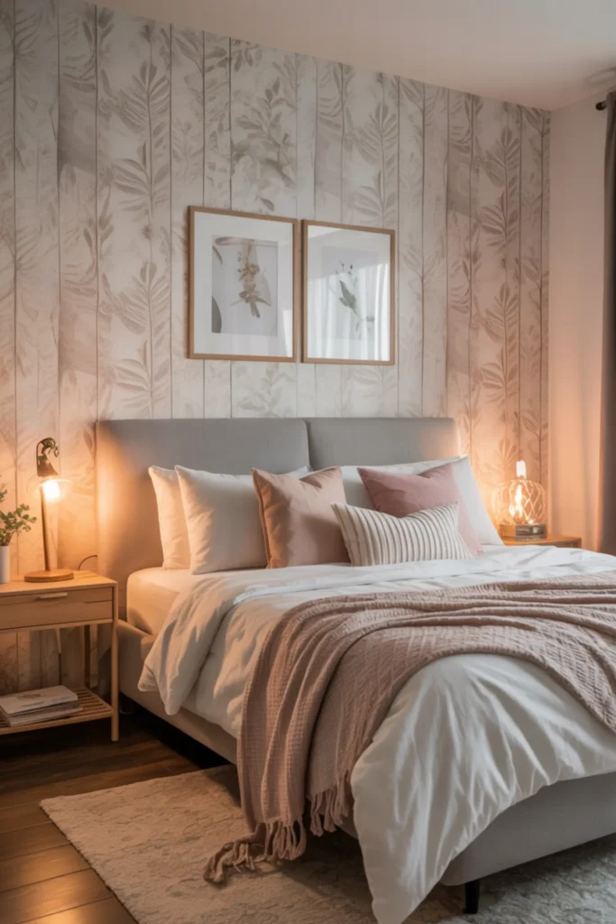 bedroom featuring peel and stick wallpaper accent wall in soft neutral pattern, cozy bed styling, warm lighting, modern feminine apartment decor, realistic textures, stylish renter friendly design, calm atmosphere, balanced composition with natural daylight highlighting patterned wall and soft furnishings