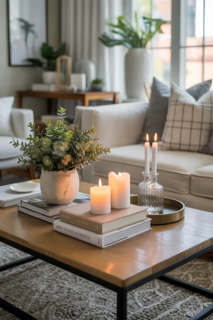 apartment living room coffee table styled with books, candle, ceramic tray, soft neutral sofa nearby, warm ambient lighting, cozy feminine decor aesthetic, realistic textures, modern minimal styling, inviting atmosphere, balanced composition showing thoughtful small space decorating details