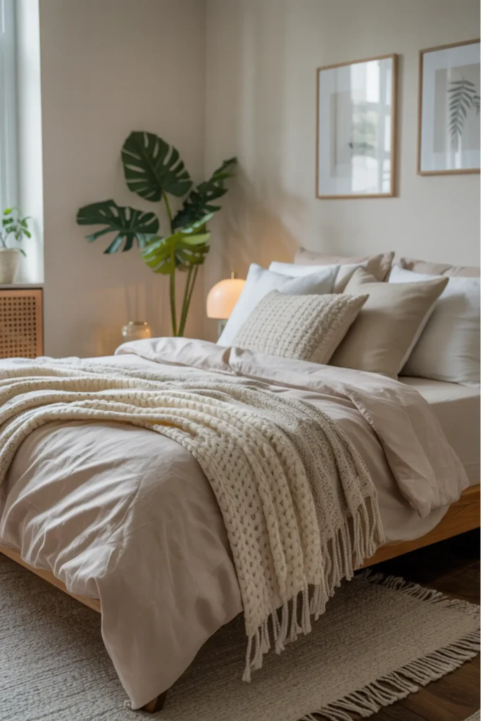 cozy one bedroom apartment bedroom featuring layered neutral bedding in soft beige and cream tones, textured knit throw blanket, linen pillows, warm natural sunlight flowing through sheer curtains, minimal wooden nightstand, soft shadows, realistic lived-in styling, calm feminine aesthetic, warm cozy atmosphere, modern apartment interior photography, high detail textures and natural lighting, inviting and serene mood