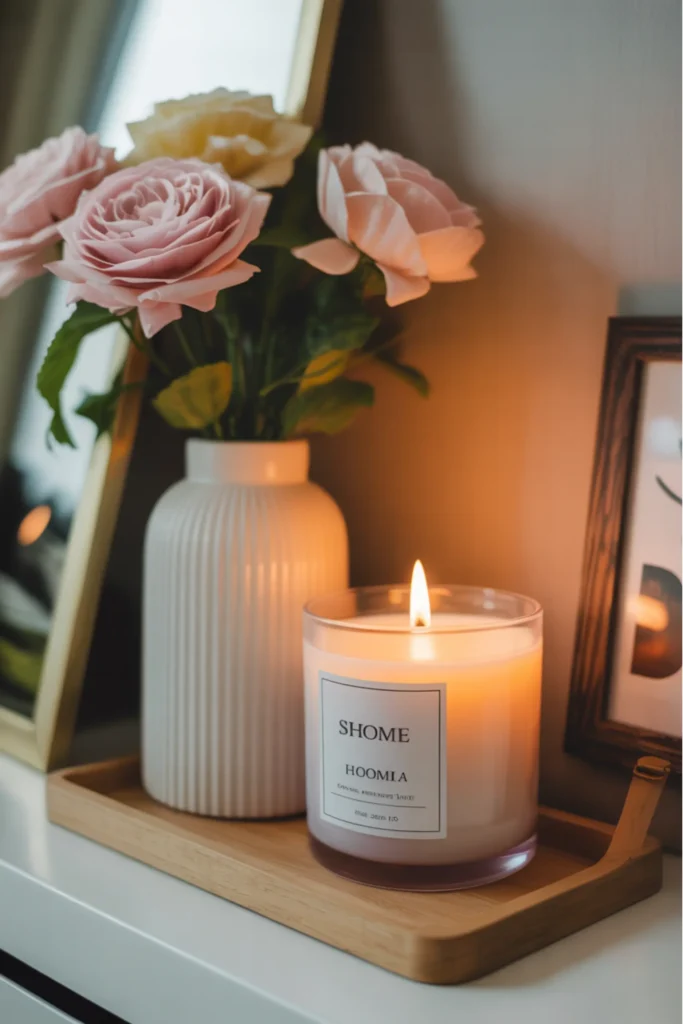cozy apartment night scene with lit candles on bedside table, warm glow illuminating soft bedding, calm feminine interior styling, gentle shadows, realistic textures, relaxing evening mood, modern apartment decor photography with peaceful and intimate atmosphere