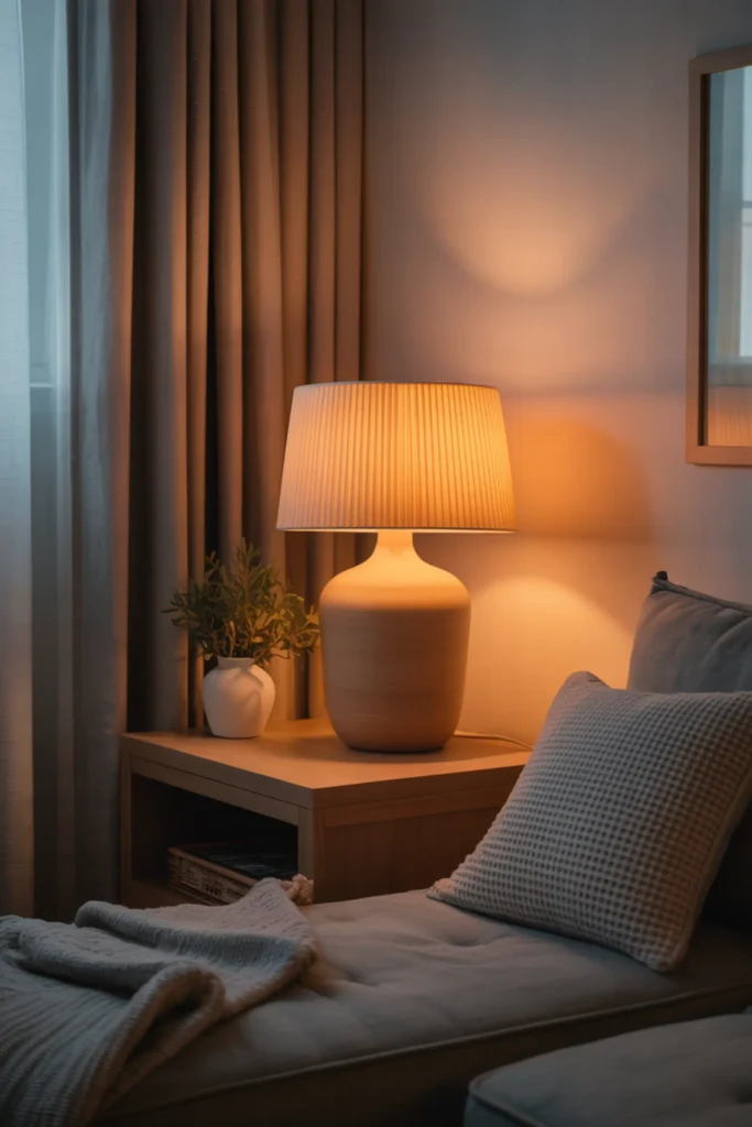 one bedroom apartment living area with warm ambient lighting from table lamps and floor lamps, soft golden glow reflecting on neutral walls, cozy sofa with textured cushions, small side table, evening atmosphere, layered lighting creating depth, modern minimal decor, warm cozy apartment vibe, natural shadows, realistic interior photography with soft warm tones and relaxed feminine styling