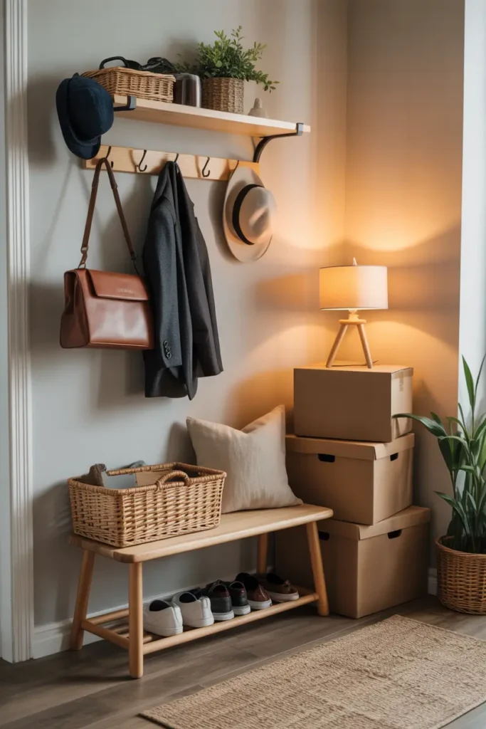 Cozy apartment entryway styled for Pinterest inspiration, small wooden bench with woven basket for shoes, wall hooks holding bags and jackets, soft warm lighting from nearby lamp, moving boxes beside wall, natural textures and calm neutral colors creating welcoming first impression.