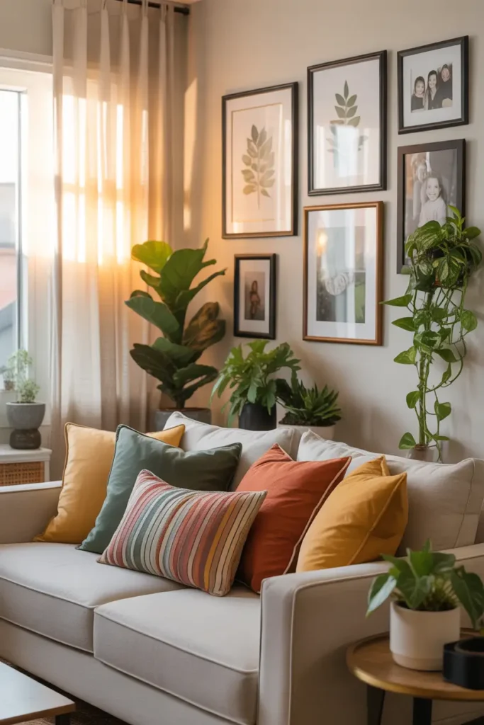 Warm Pinterest style apartment interior showing woman placing decorative pillows and framed art on living room wall, soft sunlight through window curtains, neutral color palette with cozy textures, wooden furniture and woven decor, moving boxes still nearby, realistic lifestyle interior photography capturing early decorating moment.