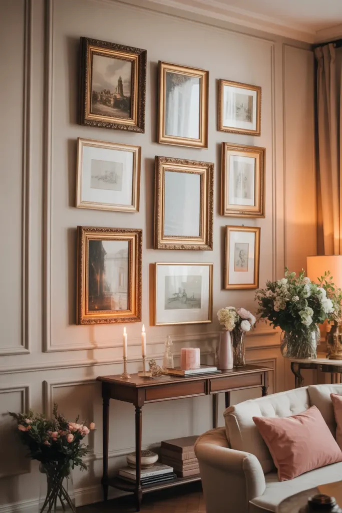 Paris apartment gallery wall with antique gold frames, soft neutral paintings and sketches, cream wall with classic molding panels, small wooden console table below, candle holders and flowers decorating the space, warm afternoon light filling the room, cozy feminine interior styling, Pinterest style photo.