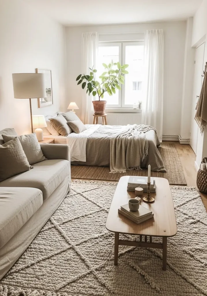 Minimal studio apartment where large textured area rug defines living zone while bed sits on separate woven rug, neutral sofa, light wood coffee table, cozy bed with layered linen bedding, soft warm lighting, indoor plant near window, calm neutral color palette, Pinterest style small apartment interior with relaxed cozy styling and soft natural daylight.

