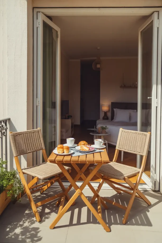 Sunny apartment balcony styled for breakfast, small wooden bistro table with two woven chairs, fresh pastries and coffee cups on table, bright morning sunlight, soft shadows across balcony floor, light plants near railing, cozy two bedroom apartment interior seen through open glass doors, cheerful Pinterest balcony breakfast scene.