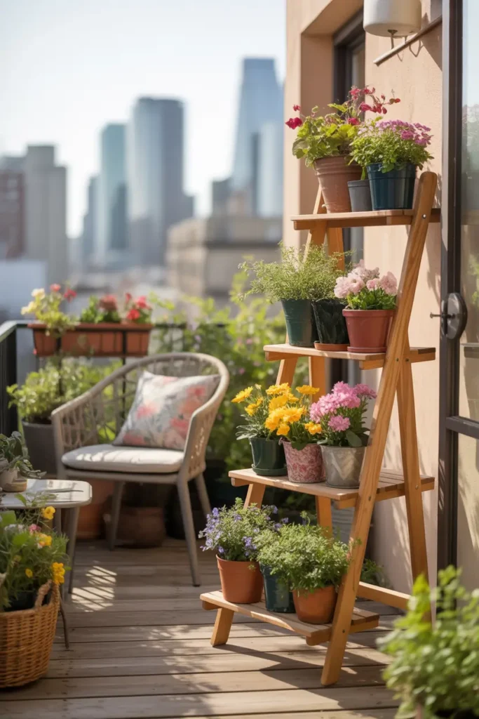 Small apartment balcony styled with wooden ladder stand filled with colorful flower pots, warm golden sunset light shining across the balcony floor, soft outdoor chair nearby with cushion, city skyline softly blurred in background, Pinterest style balcony garden scene with fresh flowers, natural textures, and cozy urban outdoor atmosphere.