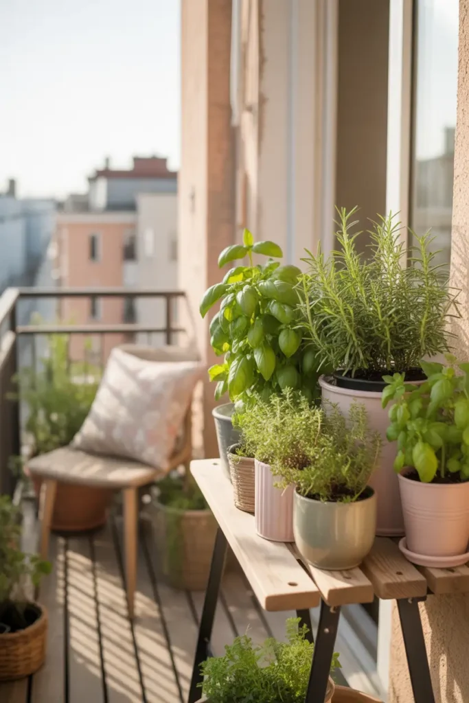 Small apartment balcony styled with a cozy herb garden, narrow wooden shelf holding basil, mint, rosemary, and parsley in soft ceramic pots, warm morning sunlight touching fresh green leaves, light textured balcony floor, simple chair nearby, peaceful city apartment view, realistic Pinterest style balcony photography, soft natural tones, cozy feminine atmosphere, fresh plants, layered textures, and a calm inviting outdoor corner full of gentle warmth
