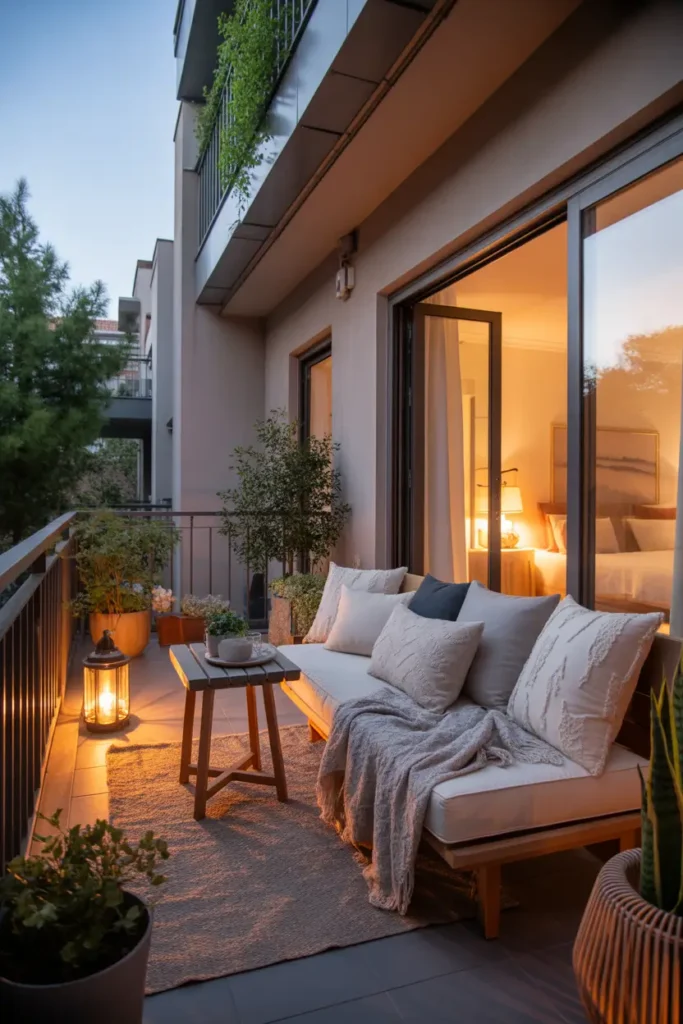 Private apartment balcony with cozy lounge seating, outdoor daybed style bench covered with soft pillows and textured blankets, warm golden evening light, small wooden side table, lantern lighting, potted greenery around railing, stylish two bedroom apartment interior visible through glass doors, relaxed cozy Pinterest inspired balcony design.