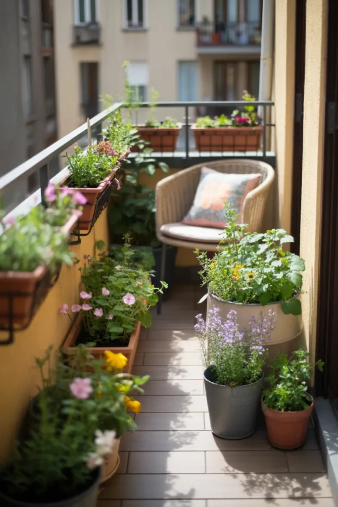 Small apartment balcony with railing planters filled with colorful flowers and fresh herbs, soft sunlight highlighting green leaves and petals, narrow patio floor with light wood tiles, cozy chair tucked into corner with small cushion, urban apartment background, warm natural lighting and charming Pinterest style tiny balcony garden scene.