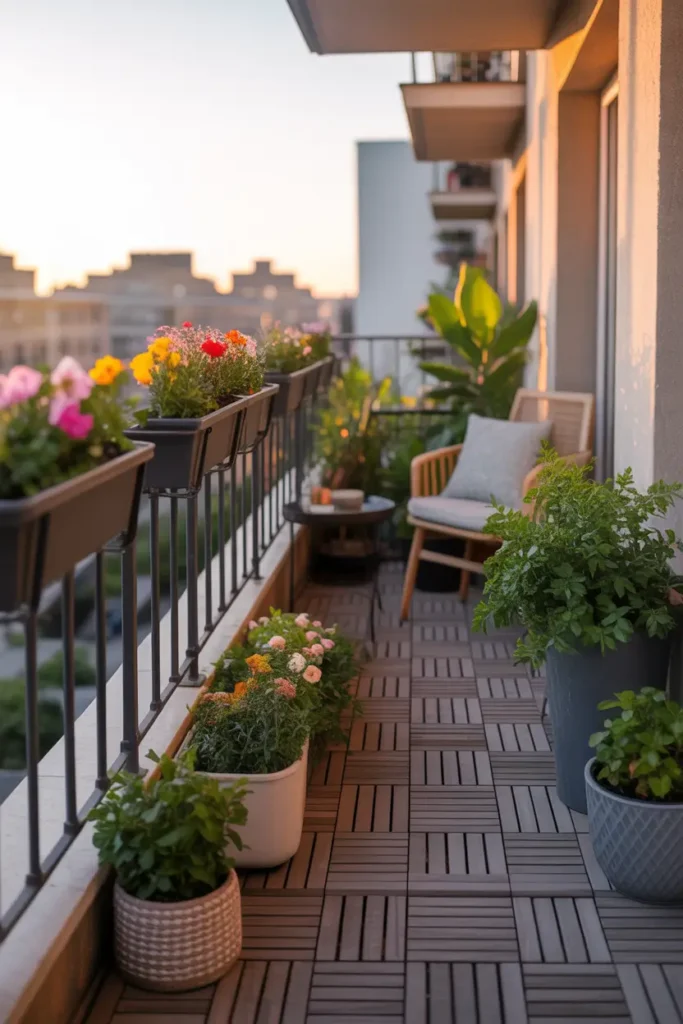 Charming apartment balcony with railing planters filled with colorful flowers and leafy plants, warm sunset light glowing across soft wooden deck tiles, small outdoor chair with cushion, light city background blur, Pinterest style balcony garden scene with cozy urban atmosphere, textured pots, fresh greenery and relaxing evening lighting.