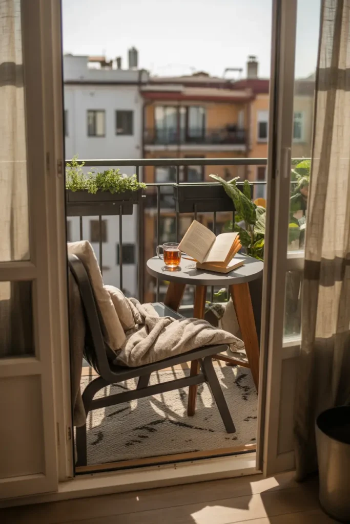 Private apartment balcony styled as peaceful reading nook, cozy upholstered lounge chair with soft throw blanket, small round wooden side table holding open book and warm tea mug, gentle afternoon sunlight casting shadows across balcony floor, potted plants along railing, light linen curtains visible through balcony doors, stylish Pinterest apartment interior atmosphere, calm cozy balcony retreat.