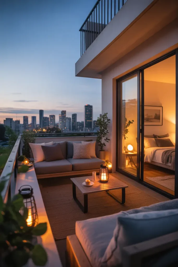 Evening apartment balcony styled as relaxing lounge, low seating with plush cushions, small wooden coffee table, warm lantern lighting, city skyline glowing softly beyond railing, cozy modern two bedroom apartment interior visible through glass doors, Pinterest style peaceful balcony evening atmosphere.
