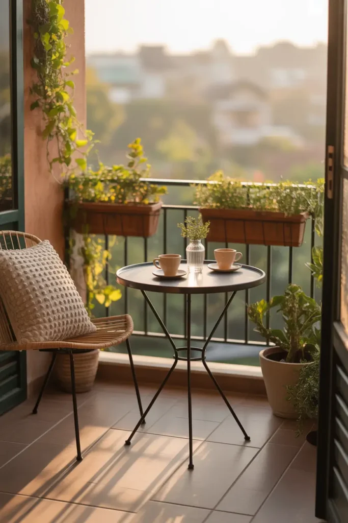 Pinterest-style charming balcony coffee corner with small round table, ceramic coffee cups placed on table, cozy chair with textured cushion, warm morning sunlight shining across balcony floor, potted plants decorating railing, calm relaxing morning balcony atmosphere.