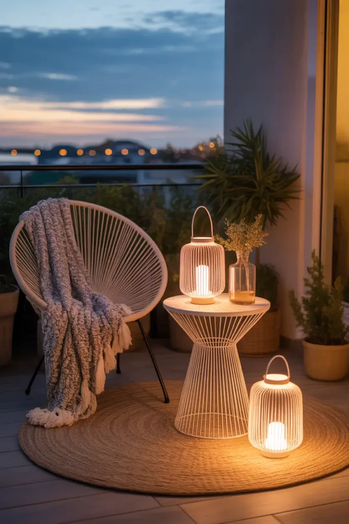 Pinterest-style evening apartment balcony decorated with soft glowing lanterns placed on floor and small side table, woven chair with textured throw blanket, subtle city lights in background, balcony plants adding softness, warm golden lighting creating dreamy relaxing outdoor balcony mood.