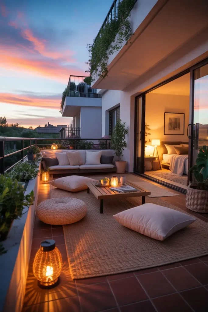 Cozy apartment balcony styled with relaxed floor seating, large floor cushions and low wooden tray table, textured outdoor rug, soft lantern lighting, potted greenery along railing, warm sunset sky visible beyond balcony, stylish two bedroom apartment interior glowing through balcony doors, Pinterest cozy balcony lounge atmosphere.