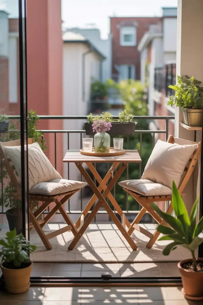 Small urban apartment balcony styled with compact folding table and folding wooden chairs, light neutral cushions on chairs, soft sunlight reflecting on balcony railing, potted plants placed in corners, cozy minimal balcony layout designed for small spaces, airy and bright Pinterest-style balcony scene.