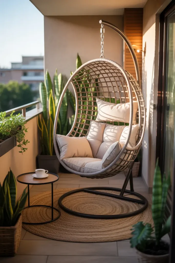 Small apartment balcony featuring stylish hanging egg chair with soft cushions, warm natural sunlight illuminating chair textures, woven rug underfoot, small side table holding tea cup, balcony plants surrounding seating area, Pinterest-style cozy outdoor balcony atmosphere with relaxed modern decor.