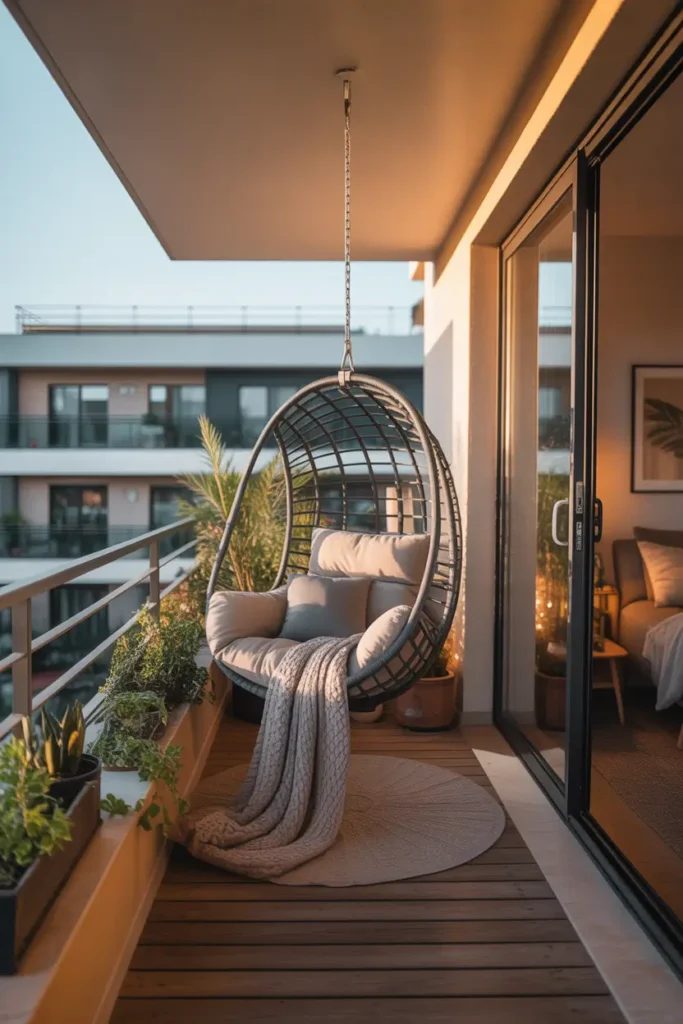 Stylish apartment balcony with cozy hanging chair suspended from ceiling frame, soft cushion inside chair, light knitted throw draped over side, potted plants along railing, warm afternoon sunlight casting soft shadows, wooden balcony flooring, sliding glass doors showing modern two bedroom apartment interior, Pinterest style peaceful balcony relaxation corner.