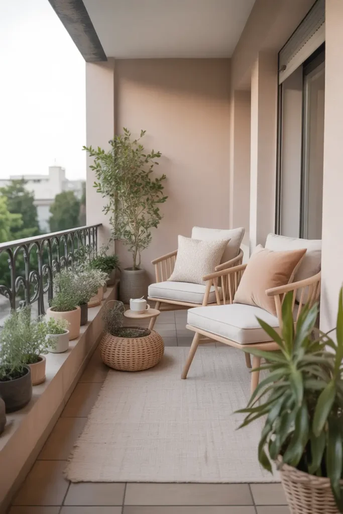 Elegant Pinterest-style small balcony decorated in soft neutral tones, beige cushions, cream rug, light wooden chair, delicate potted plants placed neatly around balcony edge, gentle daylight illuminating calm color palette, peaceful minimalist balcony environment.