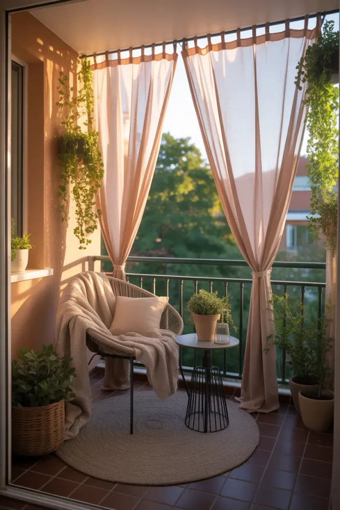 Small apartment balcony decorated with flowing light curtains tied gently to railing posts, cozy chair with soft throw, warm sunlight passing through sheer fabric creating soft shadows, potted plants around balcony edges, Pinterest-style balcony scene with calm private atmosphere.