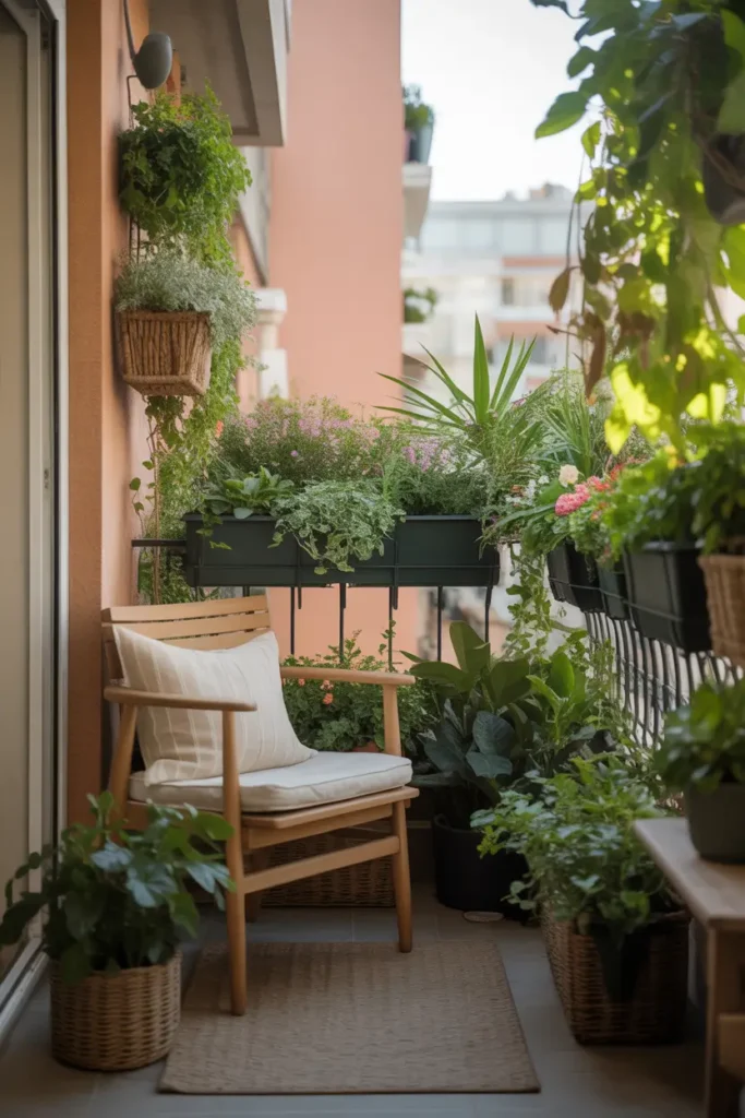 Pinterest-style apartment balcony decorated with lush railing planters overflowing with green plants and flowers, light wooden chair with cream cushion, narrow balcony space filled with fresh greenery, warm daylight illuminating leaves, cozy woven rug on floor, peaceful balcony garden atmosphere with vibrant natural textures.