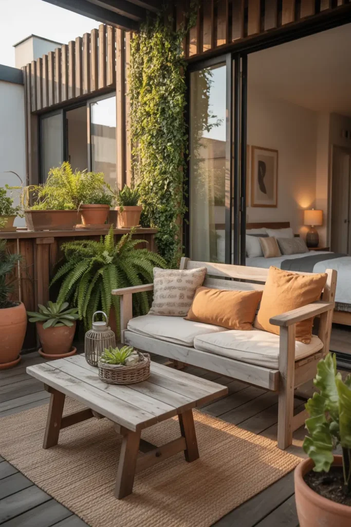 Rustic styled apartment balcony with wooden bench seating, weathered wood table, textured outdoor rug, terracotta pots with green plants, warm natural sunlight, cozy earthy textures, modern two bedroom apartment interior visible through balcony doors, Pinterest style rustic balcony with natural relaxed atmosphere.