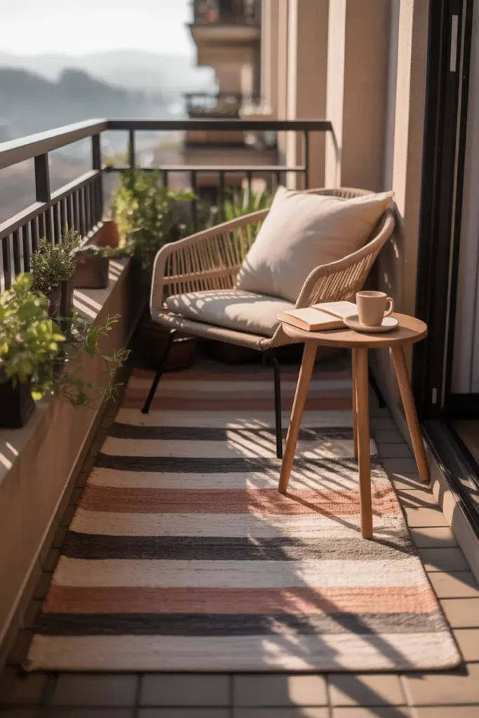 Realistic Pinterest-style small apartment balcony featuring layered outdoor rug in warm neutral tones, compact woven chair with linen cushion, small wooden side table holding coffee cup and book, soft morning sunlight casting gentle shadows across textured rug fibers, potted plants along railing adding greenery, relaxed urban balcony atmosphere with cozy textures and calm lifestyle feeling.