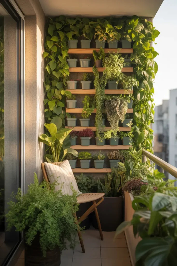 Pinterest-style apartment balcony featuring vertical plant wall with wooden rack holding multiple small pots, lush green leaves covering wall space, compact chair placed beside greenery, warm sunlight highlighting plant textures, cozy balcony garden atmosphere.