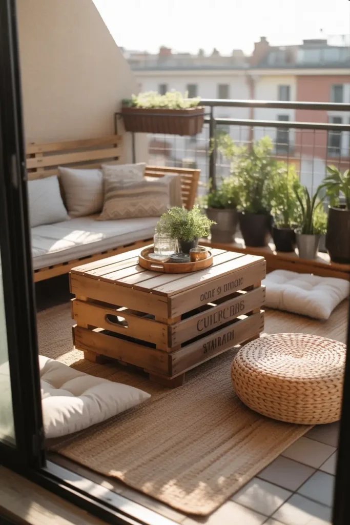 Pinterest-style cozy apartment balcony styled with rustic wooden crate used as small coffee table, soft floor cushions around crate, neutral woven rug, potted plants on balcony railing, warm sunlight highlighting wood textures, relaxed boho balcony atmosphere.