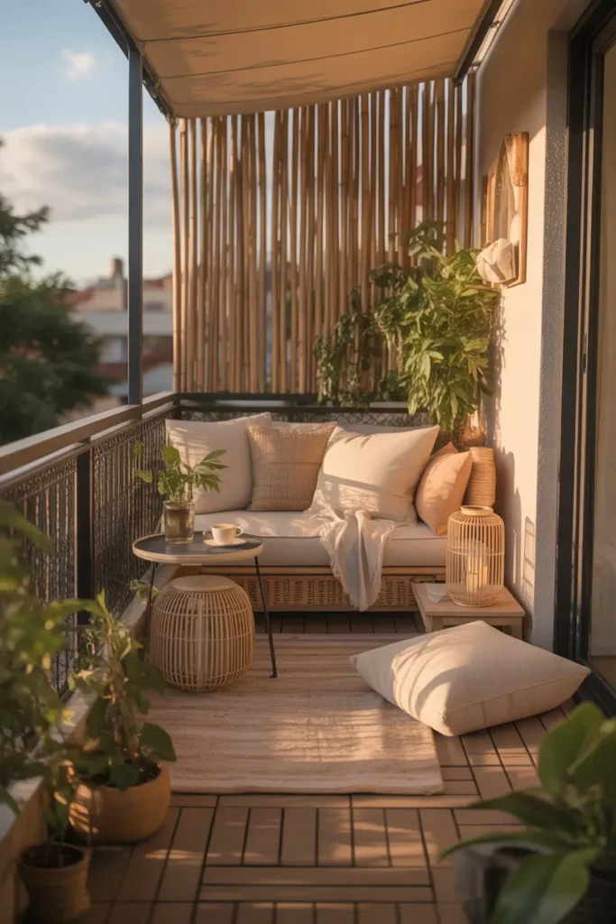 small apartment balcony with bamboo fence attached to railing, warm wood deck tiles, woven floor cushions in cream and sand tones, rattan lantern, soft outdoor rug, small side table with tea cup, leafy potted plants, late afternoon sunlight, natural textures everywhere, cozy feminine apartment styling, private and peaceful mood, soft golden shadows, homey outdoor retreat with calm layered decor and realistic high-detail lighting.