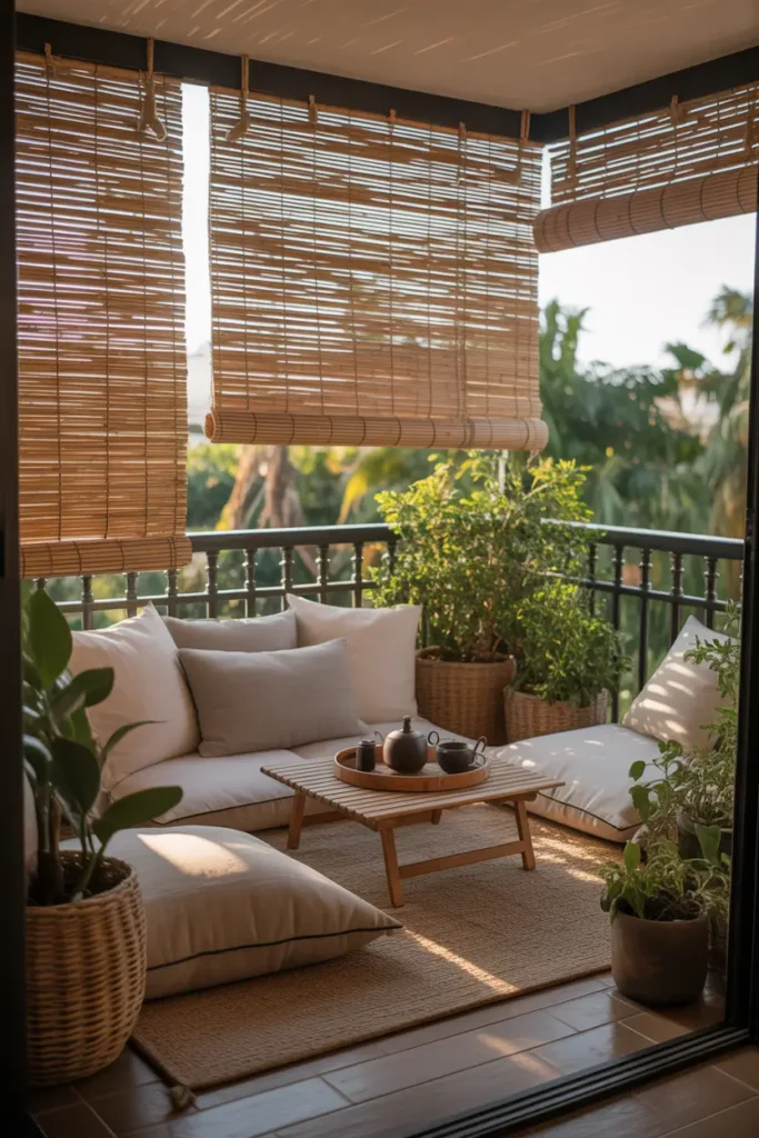 Serene apartment balcony with bamboo screen enclosure panels tied to railing and ceiling frame, warm golden afternoon sunlight filtering through bamboo texture, cozy floor cushion seating with linen pillows, small wooden tray table with tea set, lush potted plants surrounding space, relaxed natural balcony vibe styled for Pinterest aesthetic.