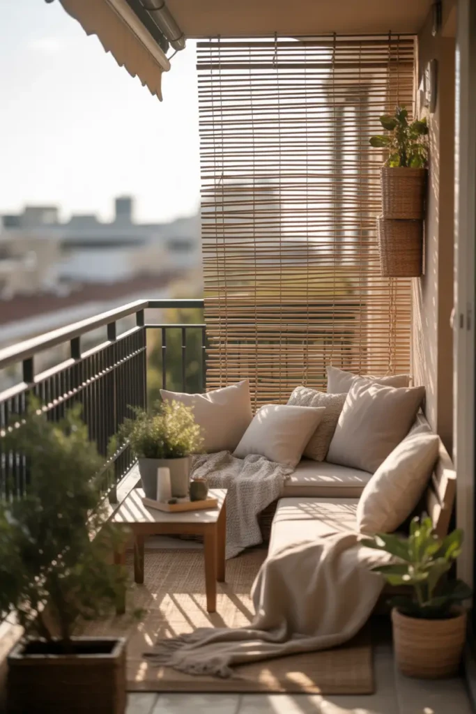 apartment balcony featuring rolled bamboo privacy screen attached to railing, warm afternoon sunlight casting soft striped shadows across neutral outdoor cushions, woven rug, small wooden coffee table, potted greenery, cozy layered textiles, soft urban background blur, natural textures, airy calm atmosphere, lifestyle photography angle, warm beige tones, shallow depth of field, inviting balcony retreat aesthetic, high detail, soft natural lighting.