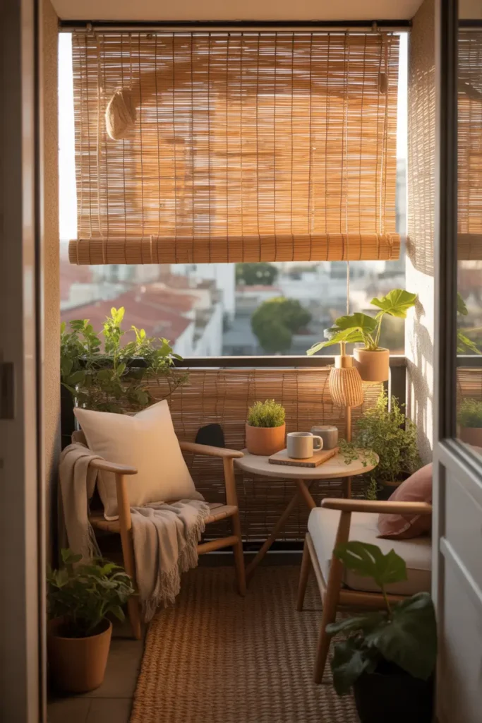 small apartment balcony with bamboo roll up shade lowered halfway, filtered golden sunlight coming through natural bamboo texture, cozy wooden chair with cream cushion, linen throw, round side table with coffee mug, terracotta pots, leafy plants, warm neutral palette, textured jute rug, soft city background, inviting peaceful atmosphere, natural materials, realistic lighting and shadows, tiny balcony styled in a cozy feminine way with layered textures and calm mood