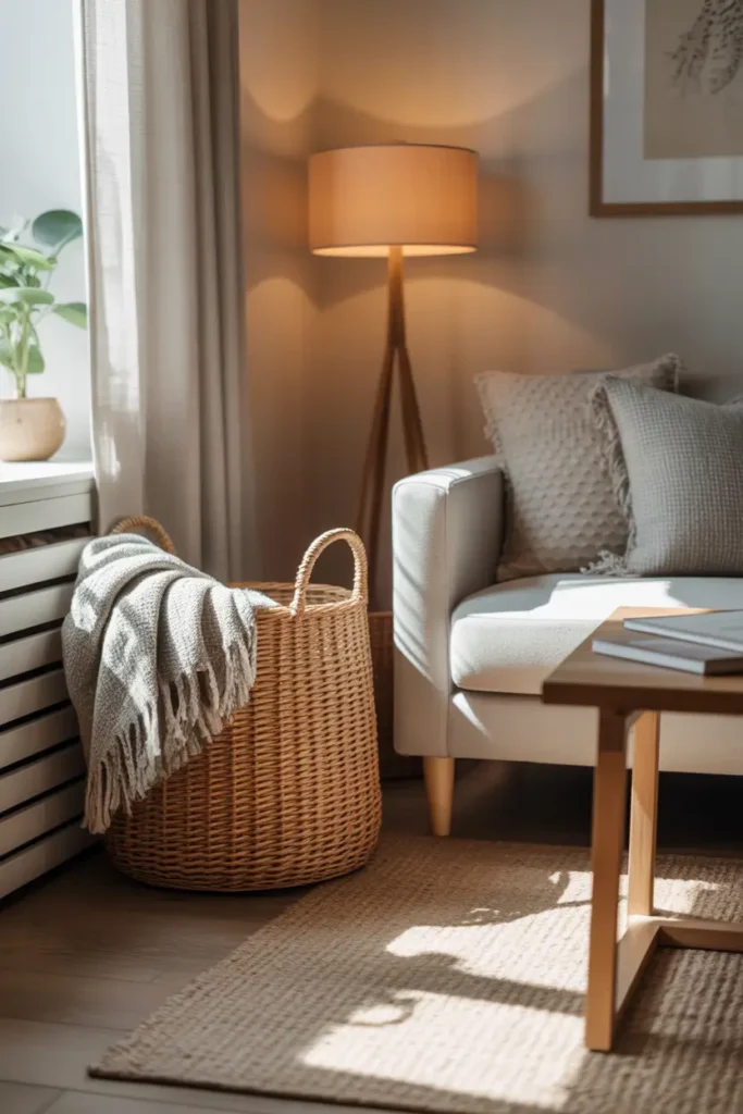 Cozy small apartment living room with woven basket storage beside sofa, soft blanket inside basket, wooden coffee table nearby, neutral rug on floor, warm sunlight across textured decor, Pinterest aesthetic small apartment styling